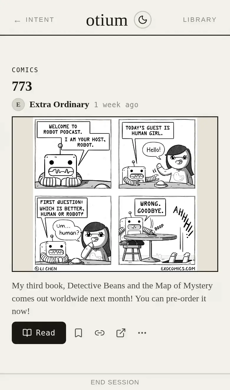 A webcomic, then a news piece, then a video. Same frame, same gesture, no mode to switch into. This is the part TikTok and Reels only look like they do.

