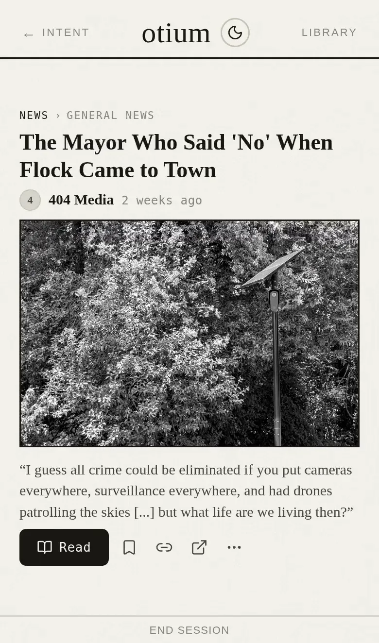 Tap Read and the article opens right there as plain text. No sidebars, nothing competing for the tap, nothing to click on the way out.
