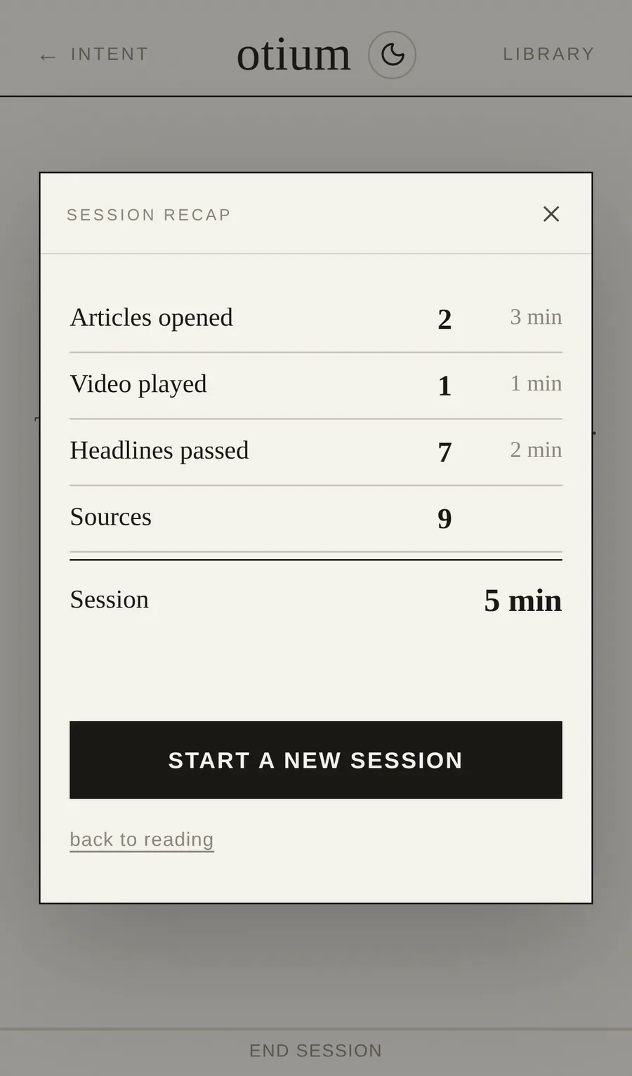 What the five minutes actually went on, once they're up. Counts and minutes, and an offer of five more that you have to reach for.
